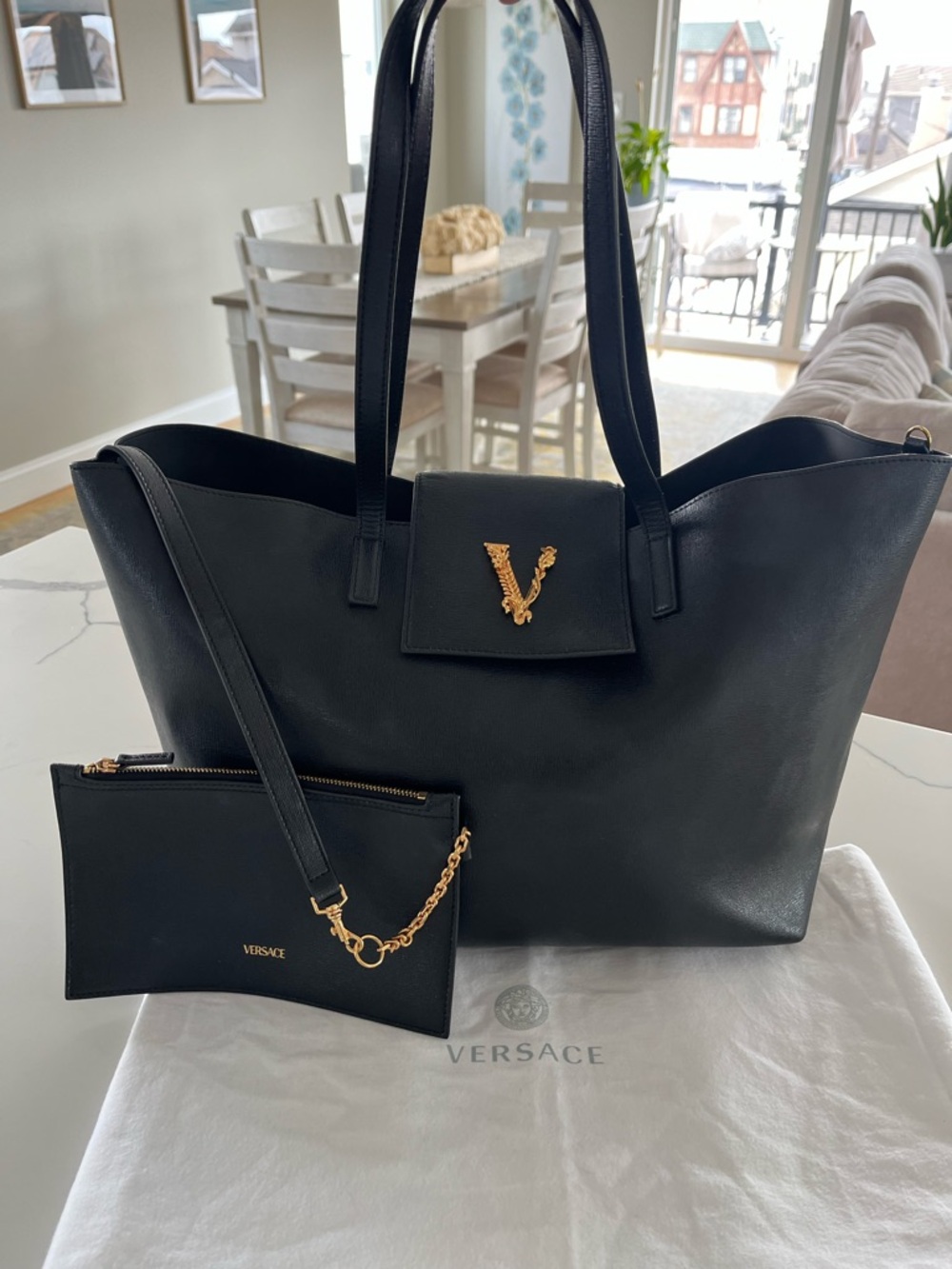 Versace - Virtus Grained Calfskin Tote Black w/ Barocco V Gold-Tone HW & Pouch